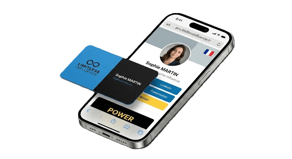 Carte de visite NFC Limitless Influence et profil digital affiché sur smartphone